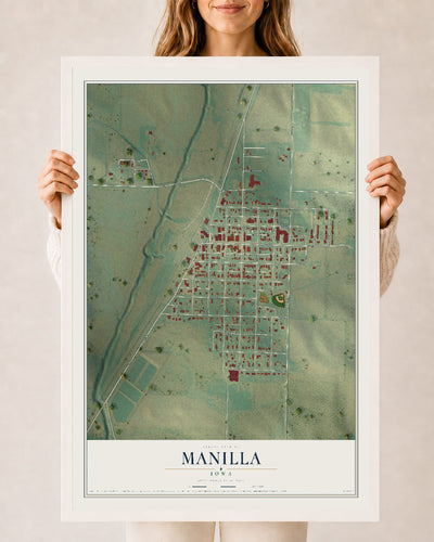 Map of Manilla, Iowa, 24 x 36 inch print in a white wood frame