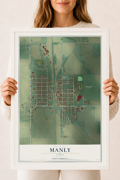 Map of Manly, Iowa, 18 x 24 inch print in a white wood frame