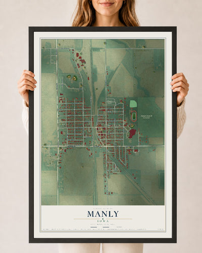Map of Manly, Iowa, 24 x 36 inch print in a black wood frame