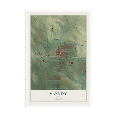 Map of Manning, Iowa, 12 x 18 inch print in a white wood frame