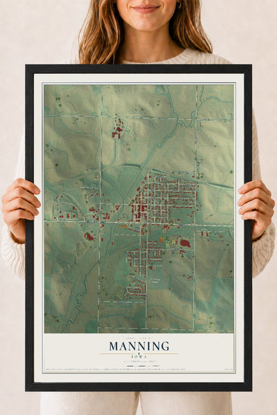 Map of Manning, Iowa, 18 x 24 inch print in a black wood frame