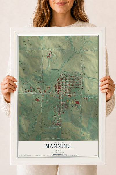 Map of Manning, Iowa, 18 x 24 inch print in a white wood frame
