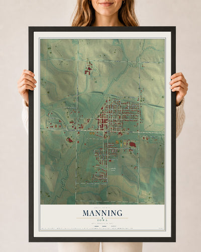 Map of Manning, Iowa, 24 x 36 inch print in a black wood frame