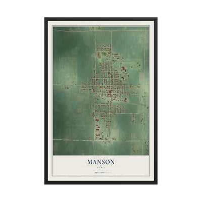 Map of Manson, Iowa, 12 x 18 inch print in a black wood frame