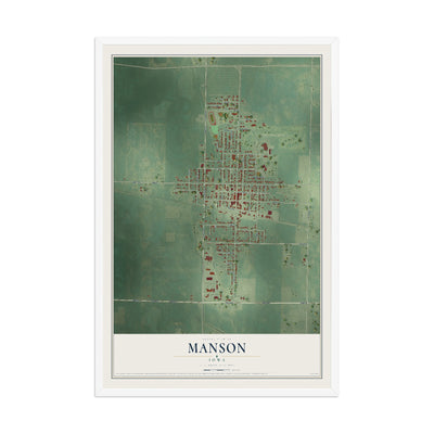 Map of Manson, Iowa, 12 x 18 inch print in a white wood frame