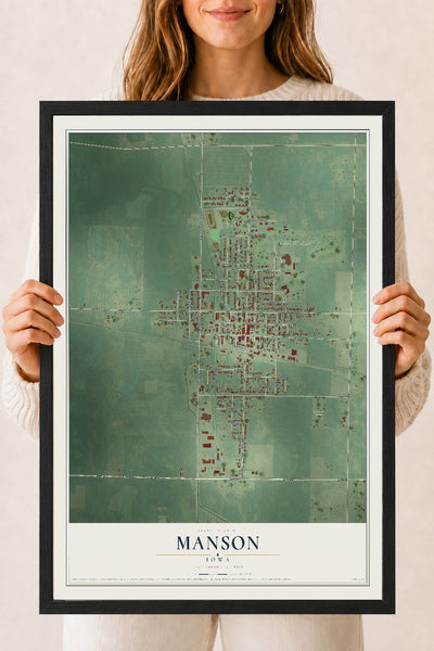 Map of Manson, Iowa, 18 x 24 inch print in a black wood frame