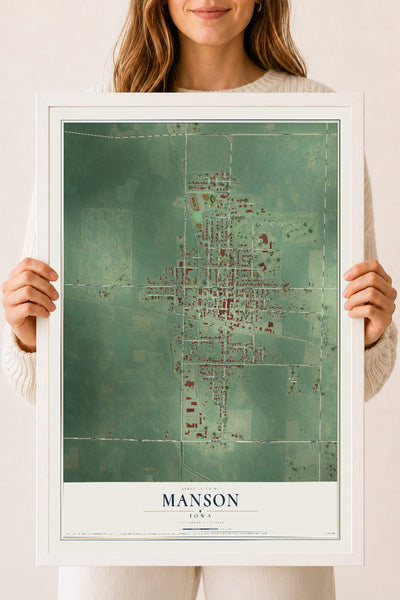 Map of Manson, Iowa, 18 x 24 inch print in a white wood frame