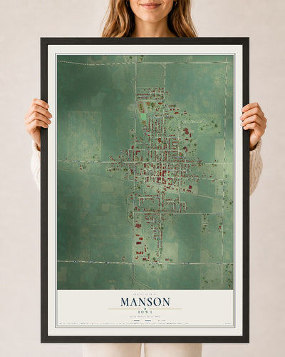 Map of Manson, Iowa, 24 x 36 inch print in a black wood frame