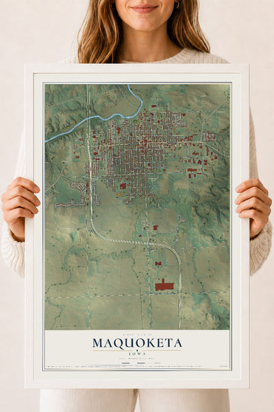 Map of Maquoketa, Iowa, 18 x 24 inch print in a white wood frame