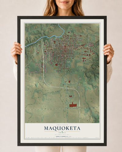 Map of Maquoketa, Iowa, 24 x 36 inch print in a black wood frame