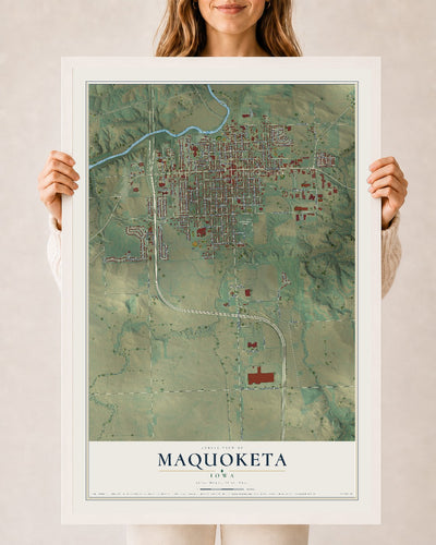 Map of Maquoketa, Iowa, 24 x 36 inch print in a white wood frame