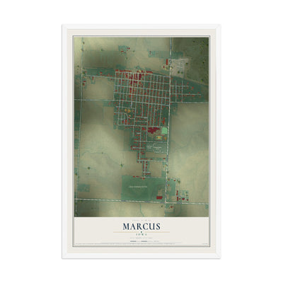 Map of Marcus, Iowa, 12 x 18 inch print in a white wood frame
