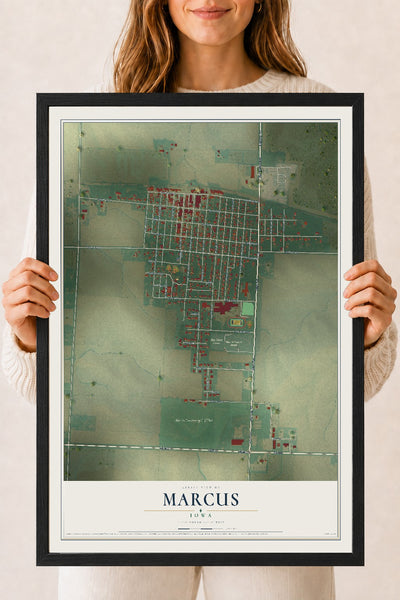 Map of Marcus, Iowa, 18 x 24 inch print in a black wood frame