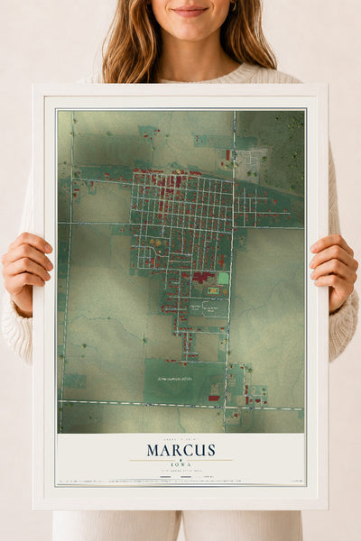 Map of Marcus, Iowa, 18 x 24 inch print in a white wood frame