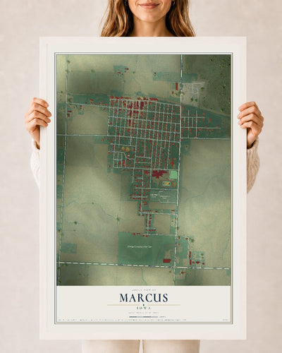 Map of Marcus, Iowa, 24 x 36 inch print in a white wood frame