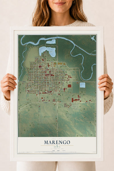 Map of Marengo, Iowa, 18 x 24 inch print in a white wood frame