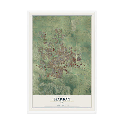 Map of Marion, Iowa, 12 x 18 inch print in a white wood frame