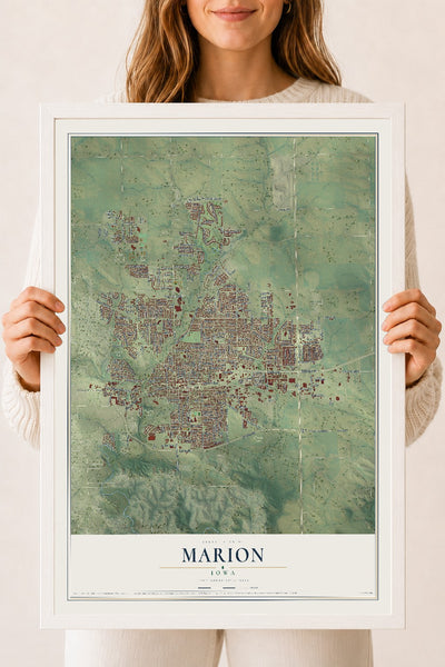 Map of Marion, Iowa, 18 x 24 inch print in a white wood frame