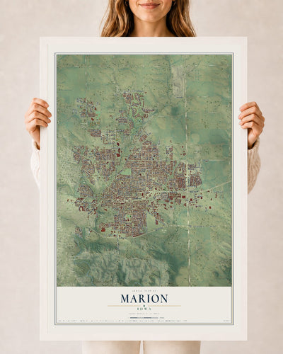 Map of Marion, Iowa, 24 x 36 inch print in a white wood frame