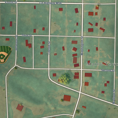 Close-up of the map of Marne, Iowa print showing street and building detail