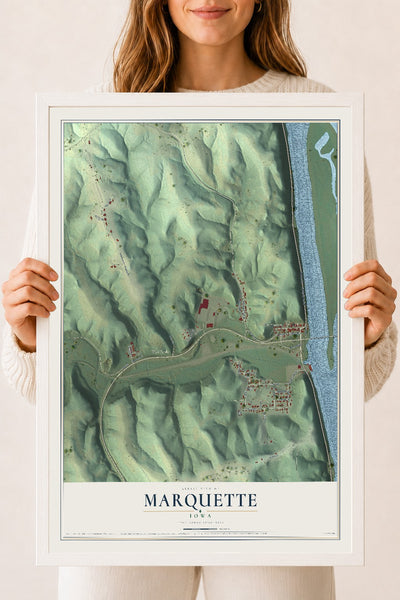 Map of Marquette, Iowa, 18 x 24 inch print in a white wood frame