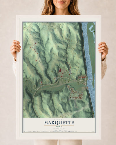 Map of Marquette, Iowa, 24 x 36 inch print in a white wood frame