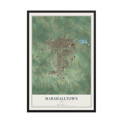 Map of Marshalltown, Iowa, 12 x 18 inch print in a black wood frame