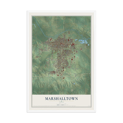 Map of Marshalltown, Iowa, 12 x 18 inch print in a white wood frame