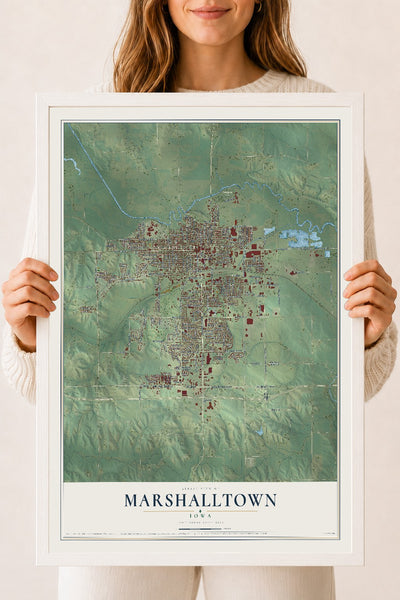 Map of Marshalltown, Iowa, 18 x 24 inch print in a white wood frame