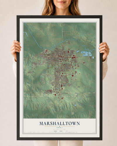 Map of Marshalltown, Iowa, 24 x 36 inch print in a black wood frame