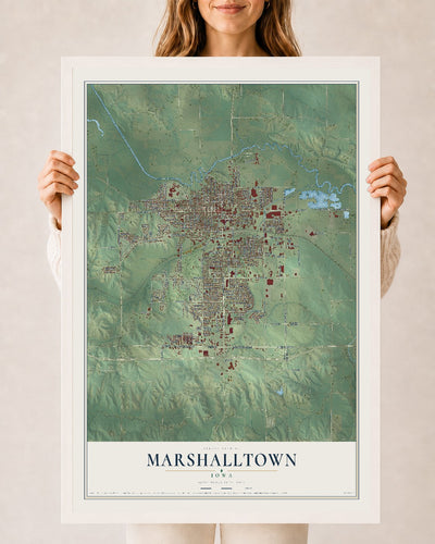 Map of Marshalltown, Iowa, 24 x 36 inch print in a white wood frame