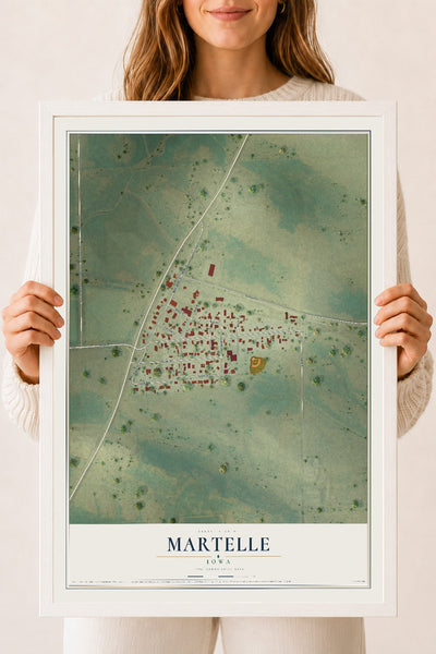 Map of Martelle, Iowa, 18 x 24 inch print in a white wood frame