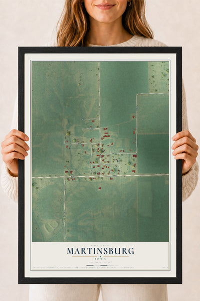 Map of Martinsburg, Iowa, 18 x 24 inch print in a black wood frame