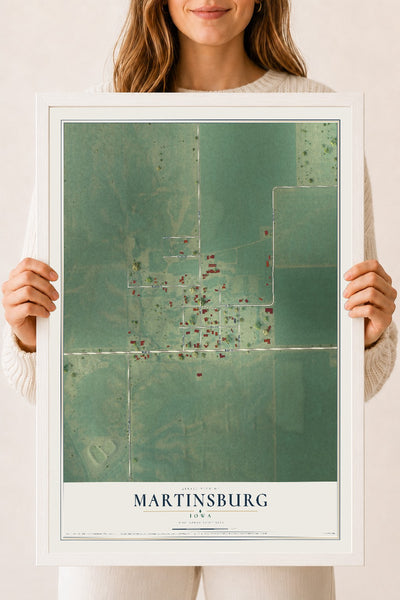 Map of Martinsburg, Iowa, 18 x 24 inch print in a white wood frame