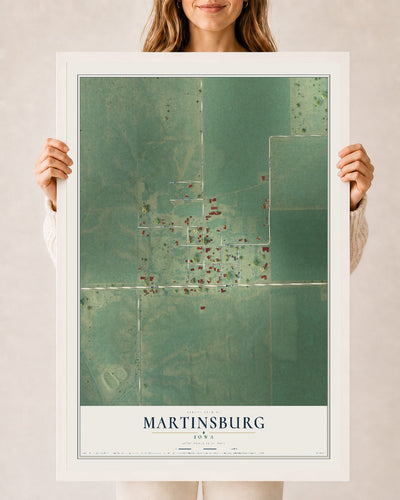 Map of Martinsburg, Iowa, 24 x 36 inch print in a white wood frame