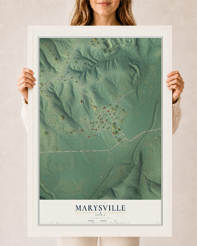 Map of Marysville, Iowa, 24 x 36 inch print in a white wood frame