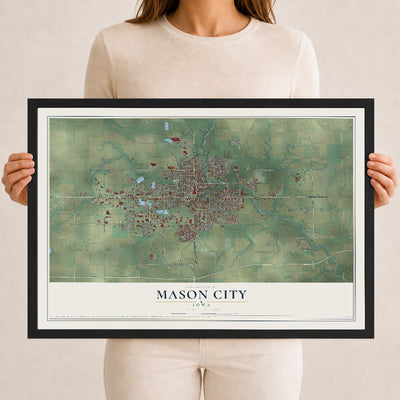 Map of Mason City, Iowa, 12 x 18 inch print in a black wood frame