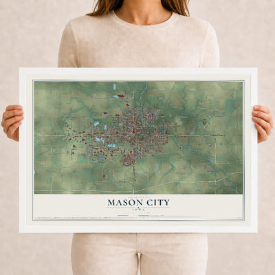 Map of Mason City, Iowa, 12 x 18 inch print in a white wood frame