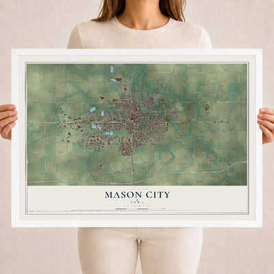 Map of Mason City, Iowa, 18 x 24 inch print in a white wood frame