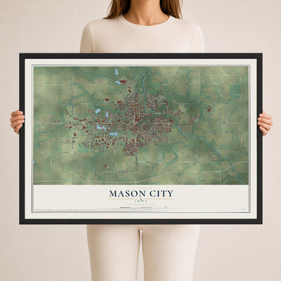 Map of Mason City, Iowa, 24 x 36 inch print in a black wood frame