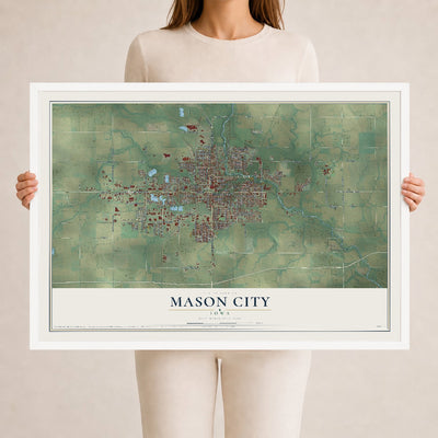Map of Mason City, Iowa, 24 x 36 inch print in a white wood frame