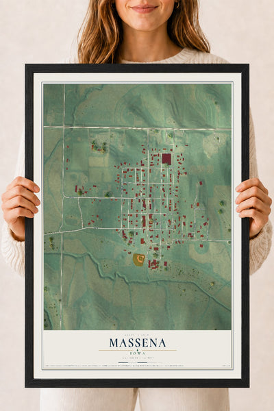 Map of Massena, Iowa, 18 x 24 inch print in a black wood frame