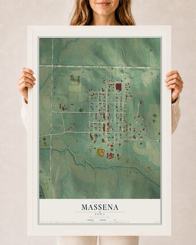 Map of Massena, Iowa, 24 x 36 inch print in a white wood frame