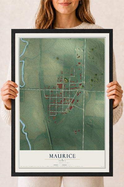Map of Maurice, Iowa, 18 x 24 inch print in a black wood frame