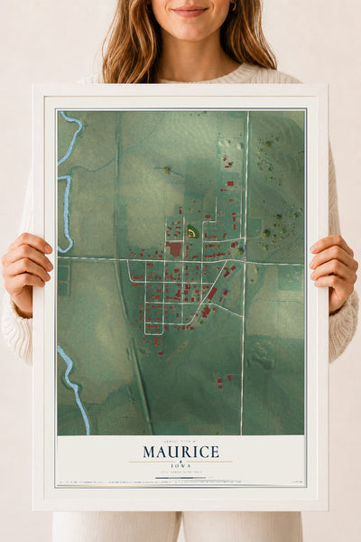 Map of Maurice, Iowa, 18 x 24 inch print in a white wood frame