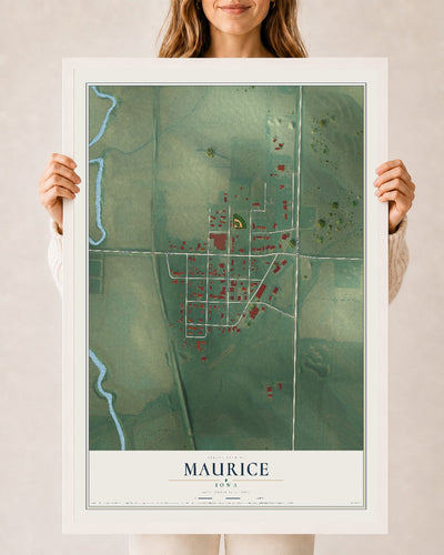 Map of Maurice, Iowa, 24 x 36 inch print in a white wood frame