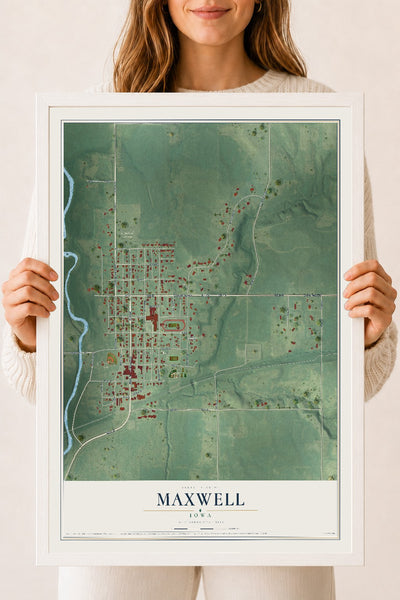 Map of Maxwell, Iowa, 18 x 24 inch print in a white wood frame