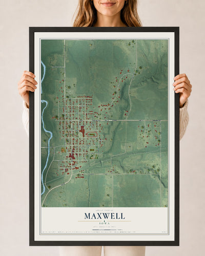 Map of Maxwell, Iowa, 24 x 36 inch print in a black wood frame