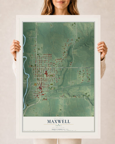 Map of Maxwell, Iowa, 24 x 36 inch print in a white wood frame