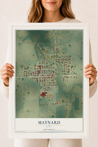 Map of Maynard, Iowa, 18 x 24 inch print in a white wood frame